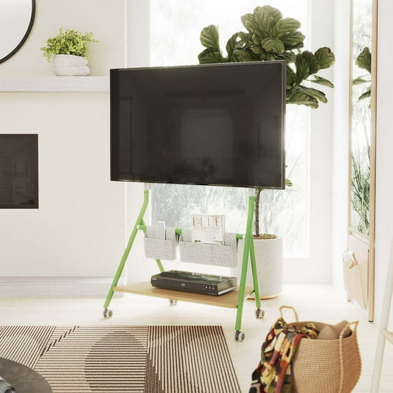 FITUEYES Design Mobile TV Stand for 55 60 65 75 78 Inch TV, Rolling TV Stand with Wooden Storage Shelves, Suitable for Living Room, Office and More, Collector Series.