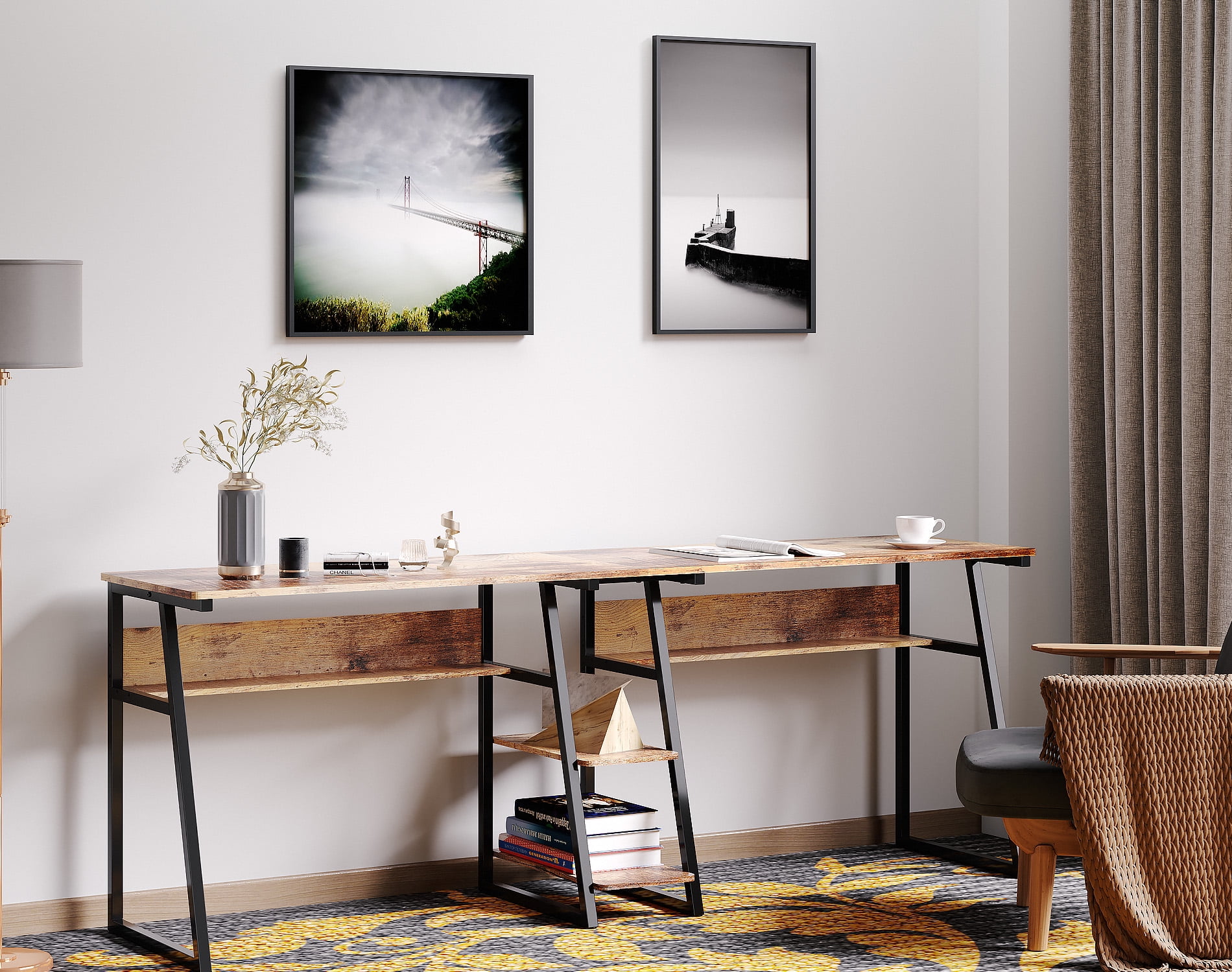 FITUEYES Double Computer Desk with Storage Shelves, 81 inch Two Person