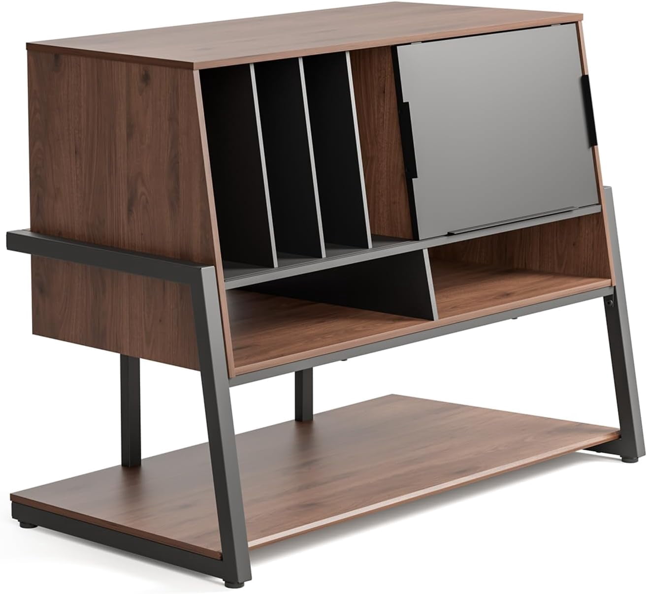 FITUEYES Eiffel Record Player Stand with Vinyl Record Storage, Holds 120 Records, Walnut