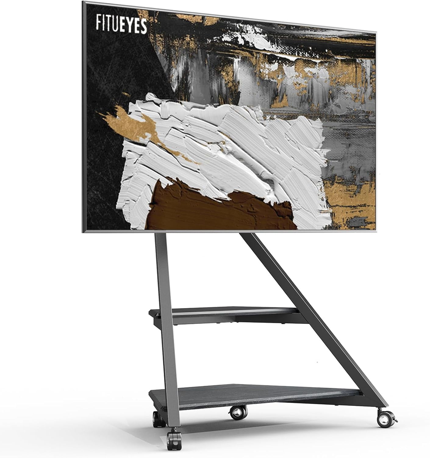 FITUEYES Eiffel Series Corner TV Stand for 55–88 Inch TVs, Black, Storage Shelf