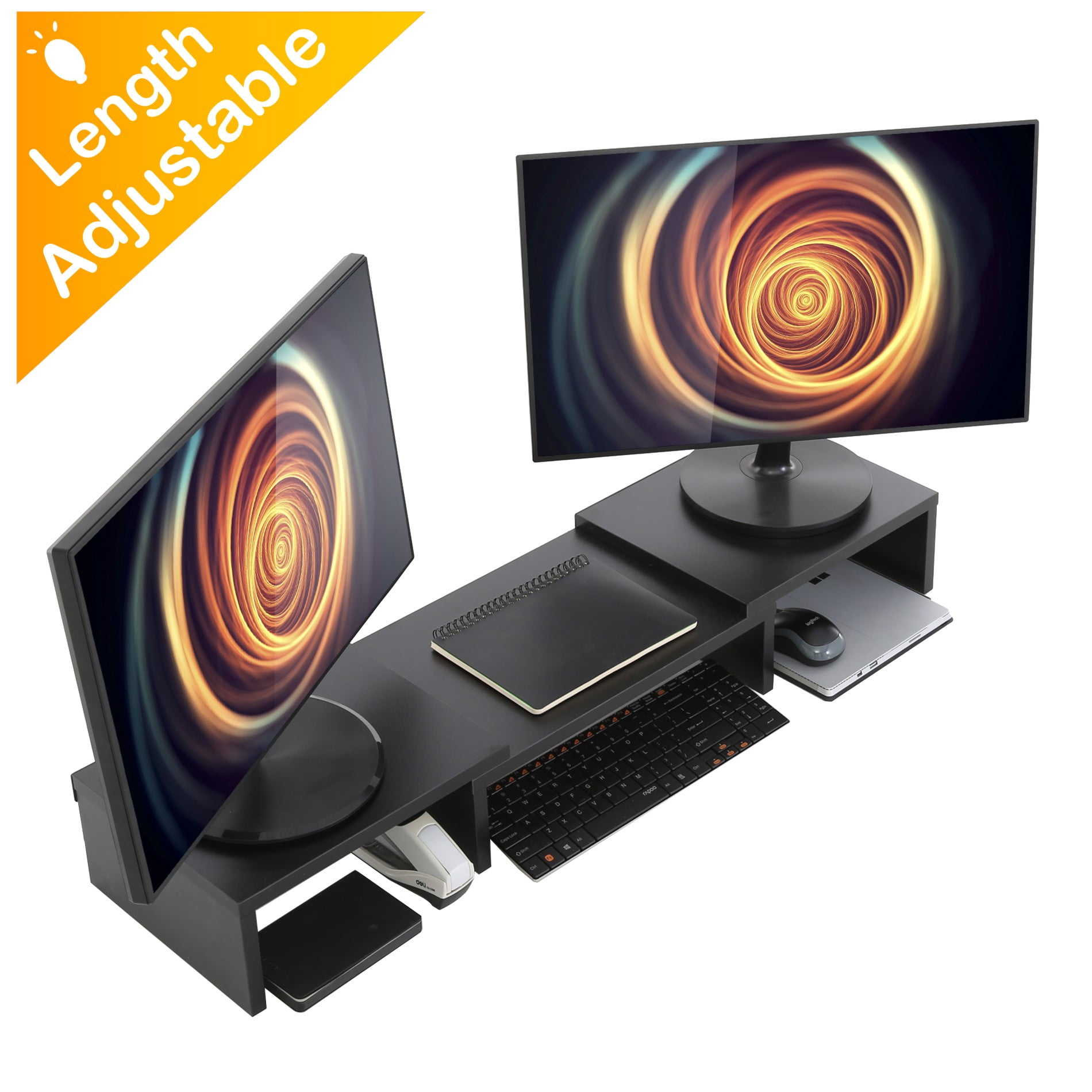 FITUEYES Ergonomic Adjustable Wood Dual Monitor Riser Stand with Storage, Black