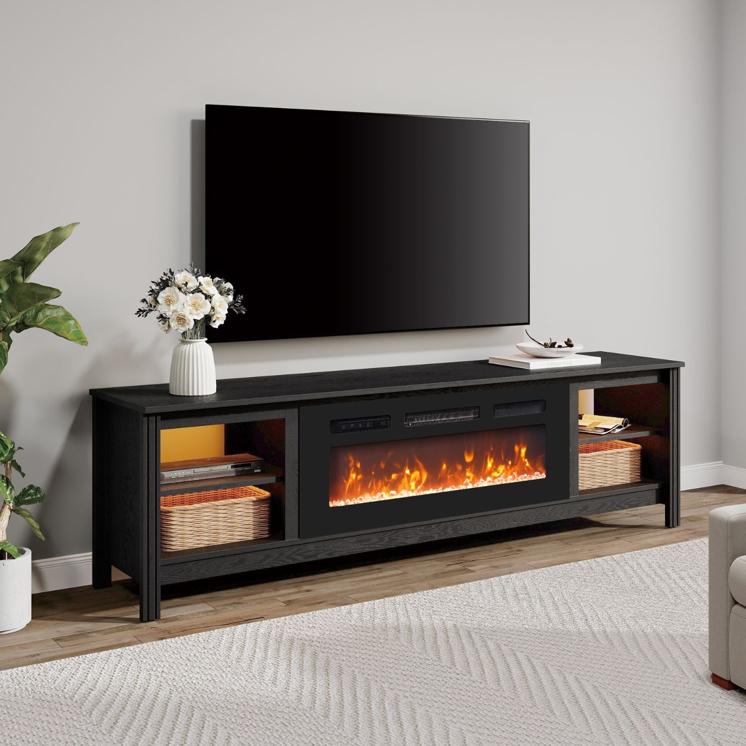 FITUEYES Farmhouse Fireplace TV Stand for 70 75 inch TV with 4 Storages, Wooden Entertainment Center with Electric Fireplace & 16 Colors LED Light, 70 Inch, Black