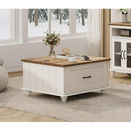 FITUEYES Farmhouse Lift Top Square Wooden Coffee Table, White
