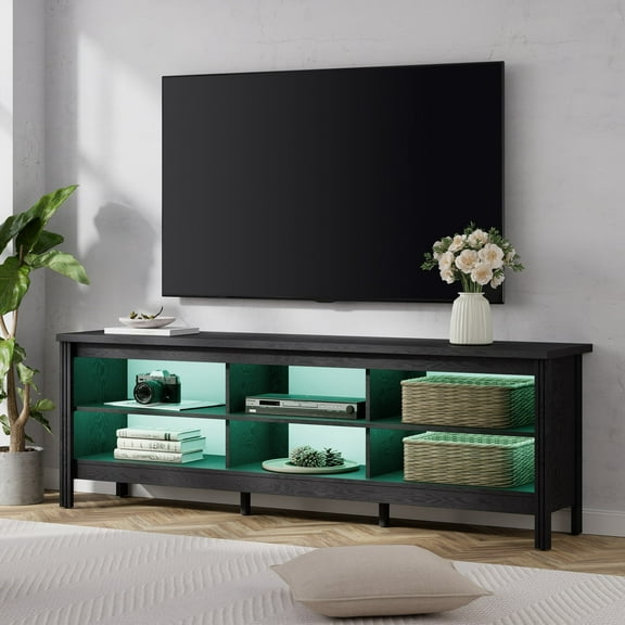 FITUEYES Farmhouse TV Stand with LED Lights for TVs Up to 75 Inch, 70" TV Cabinet with 6 Storage Space for Living Room, Black