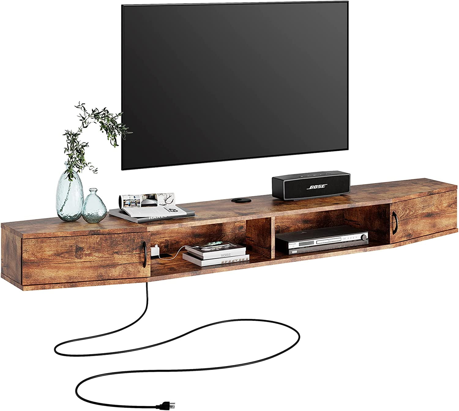 FITUEYES Floating TV Shelf with Power Outlet 70", Wall Mounted TV Stand, Media Console Stand with Doors, Entertainment Shelf for Living Room, Bedroom，Rustic Brown