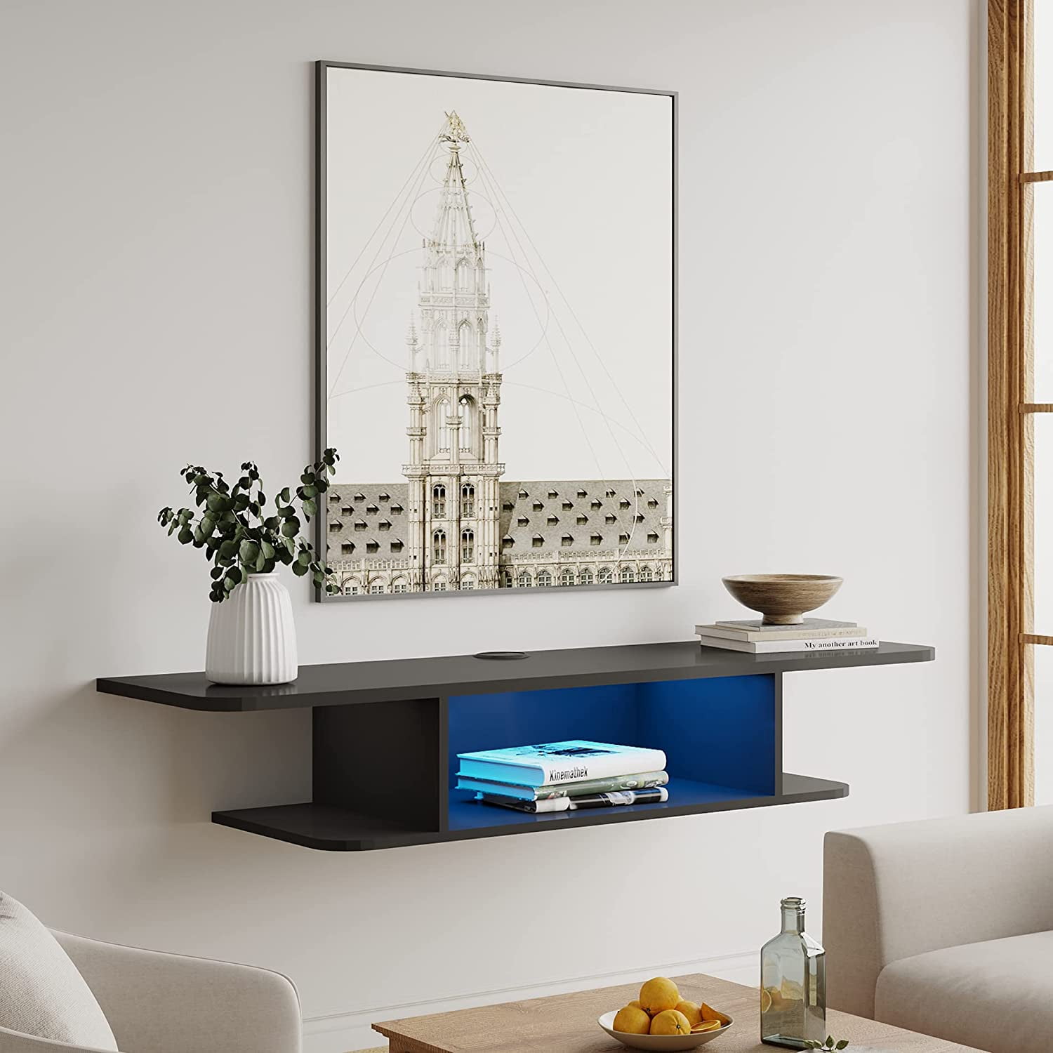 FITUEYES Floating TV Stand Wall Mounted Blue Lights Floating Entertainment Center Under TV Shelf for Wall Black
