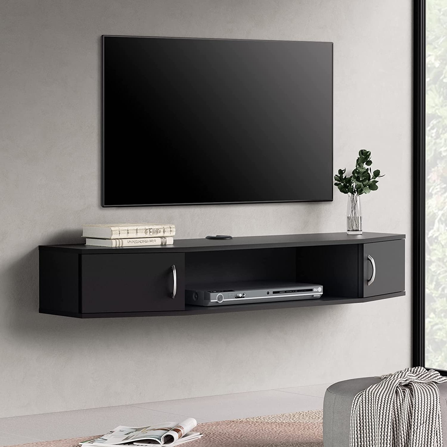FITUEYES Floating TV Stand with Yellow LED Light, Wall Mounted TV Shlef, Entertainment Center Console Stand with Storage Cabinets for Living Room Bedroom