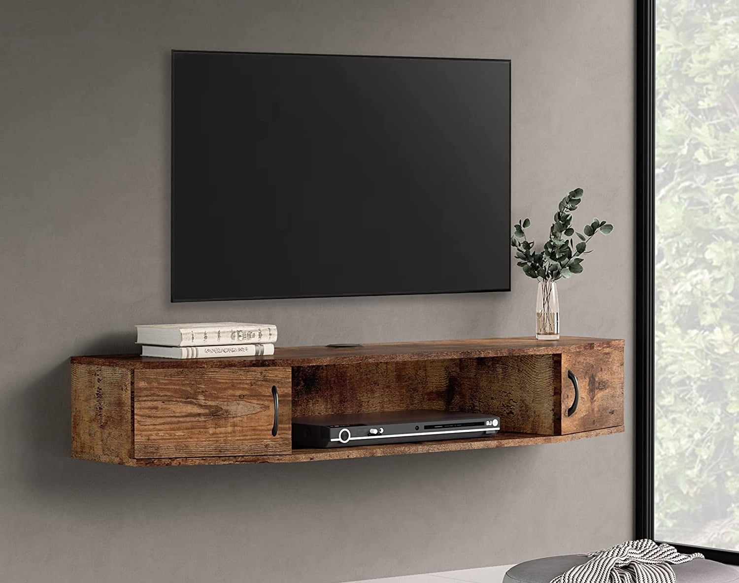 FITUEYES Floating TV Stand with Yellow LED Light, Wall Mounted TV Shlef, Entertainment Center Console Stand with Storage Cabinets for Living Room Bedroom