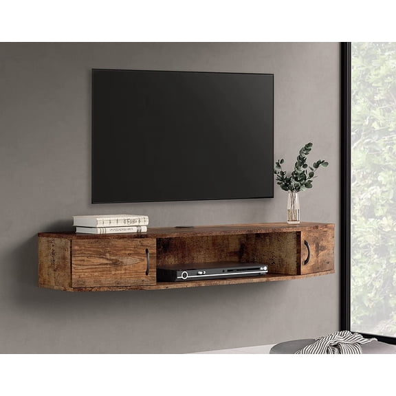 FITUEYES Floating TV Stand with Yellow LED Light, Wall Mounted TV Shlef, Entertainment Center Console Stand with Storage Cabinets for Living Room Bedroom