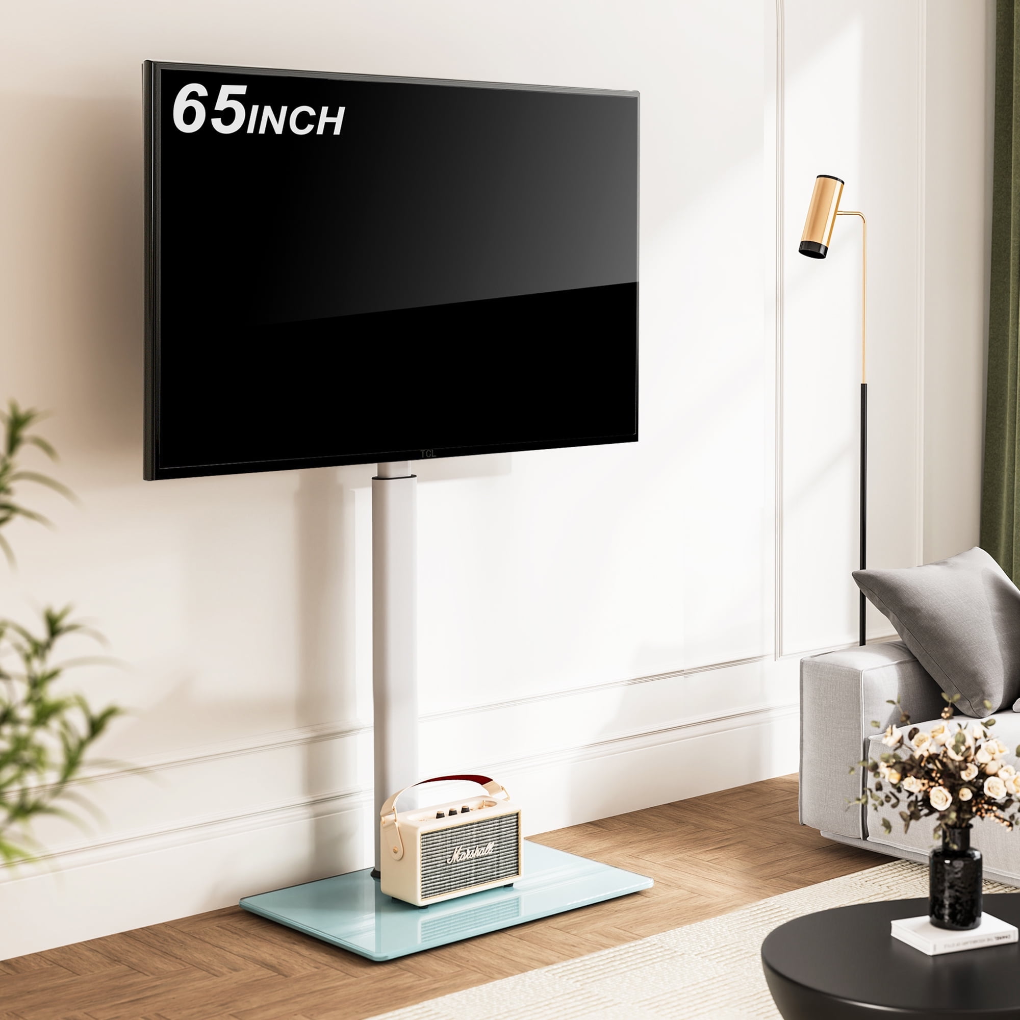 FITUEYES Floor TV Stand with Tempered Glass Base and Height Adjustable White