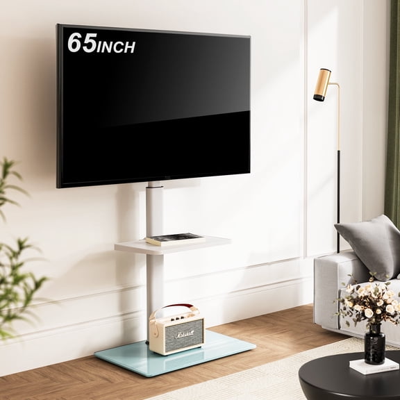 FITUEYES Floor TV Stand with Tempered Glass Base and Height Adjustable, White