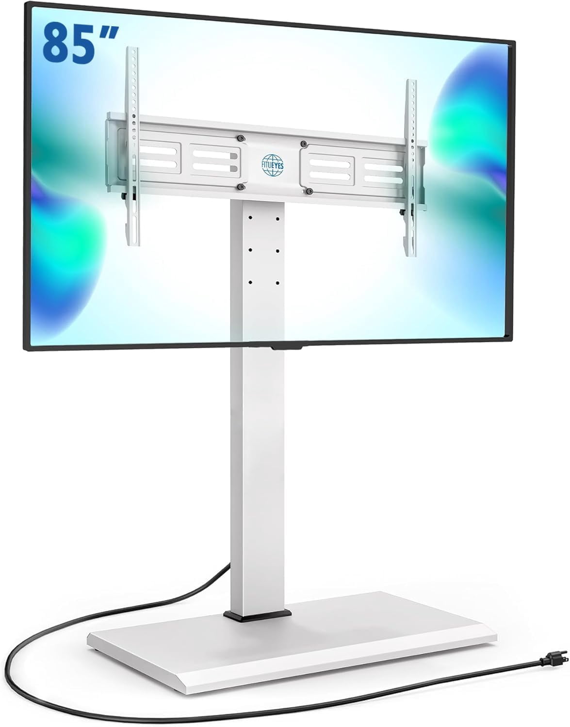 FITUEYES Floor TV Stand for 50–85 Inch TVs, White, Power Outlet, Swivel Mount, Iron Base