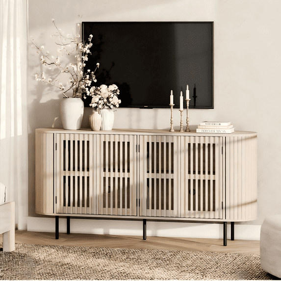 FITUEYES Fluted TV Stand, Mid-Century Modern Entertainment Center for 70" TVs, Wood Media Console with Pop-up Doors for Living Room & Bedroom, 64 inch, Natural