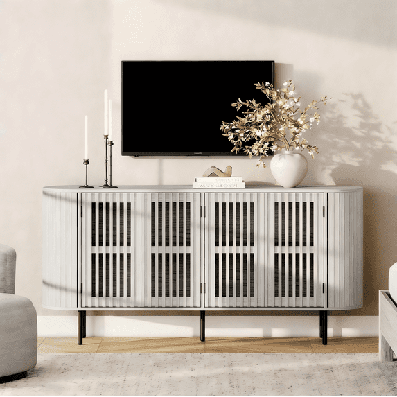 FITUEYES Fluted TV Stand, Mid-Century Modern Entertainment Center for 70" TVs, Wood Media Console with Pop-up Doors for Living Room & Bedroom, 64 inch, White Washed