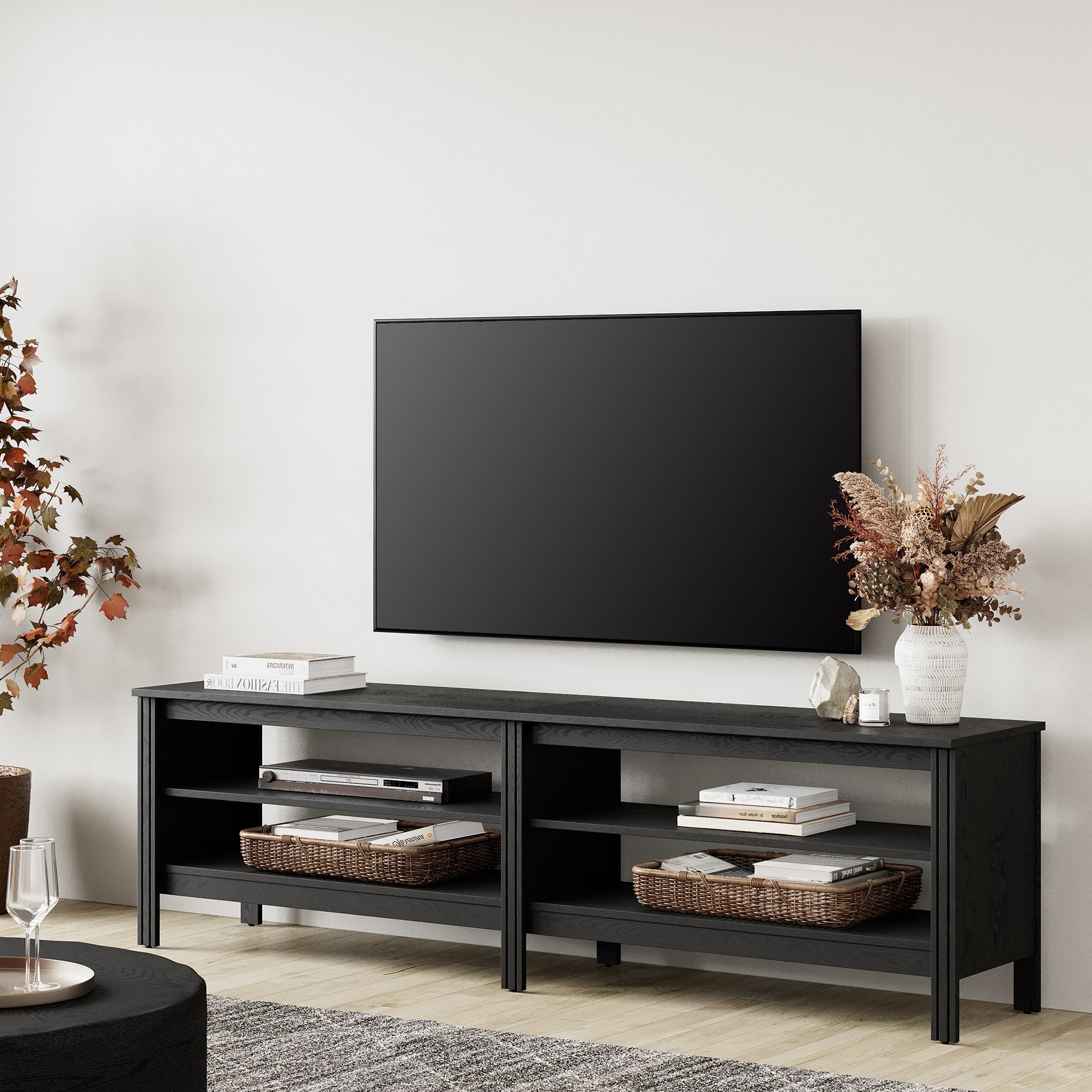FITUEYES High Quality Television Stand, Wood Black, 70.00 x 15.50 x 20.70", 70 lbs