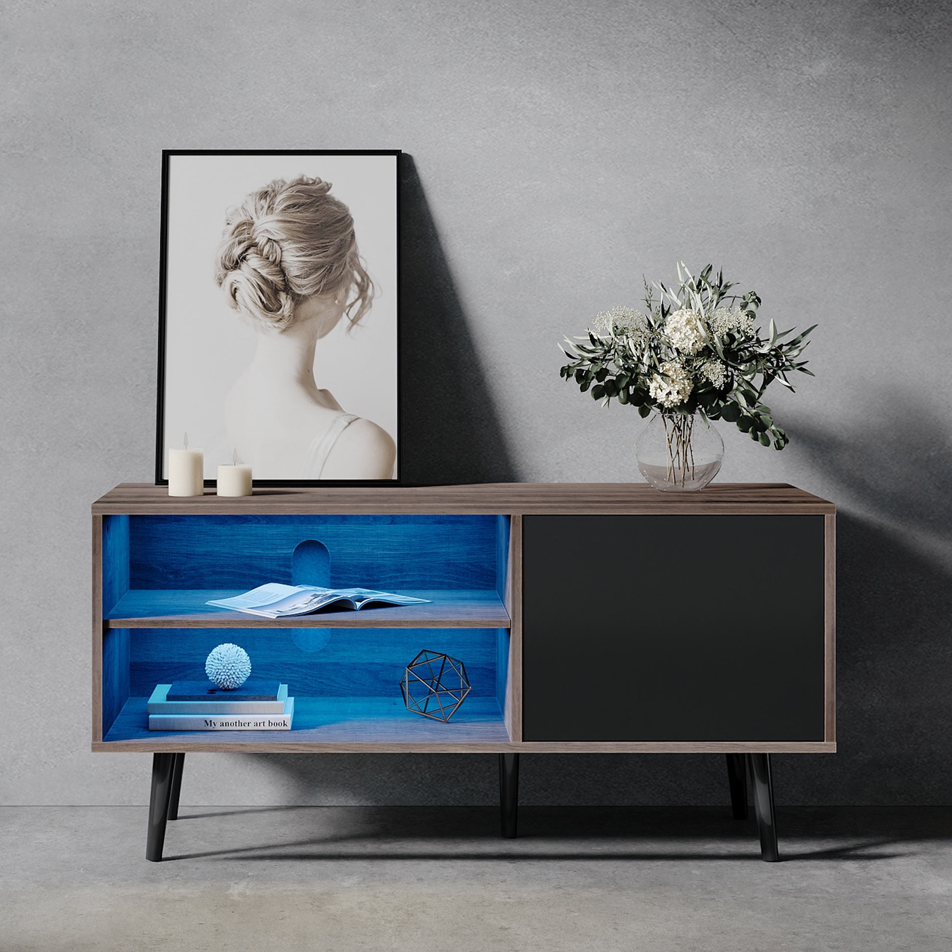 FITUEYES LED Mid Century Modern TV Stand for 55 inch Flact Screen, Wood ...