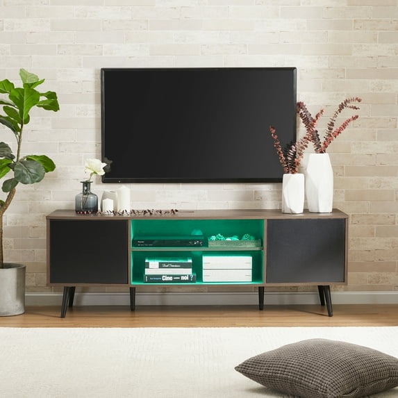 WAMPAT LED Mid-Century TV Stand for TVs up to 65 inch Wood Modern Entertainment Center Retro TV Console Storage Cabinet for Living Room Bedroom,60 inch,Colorful Light