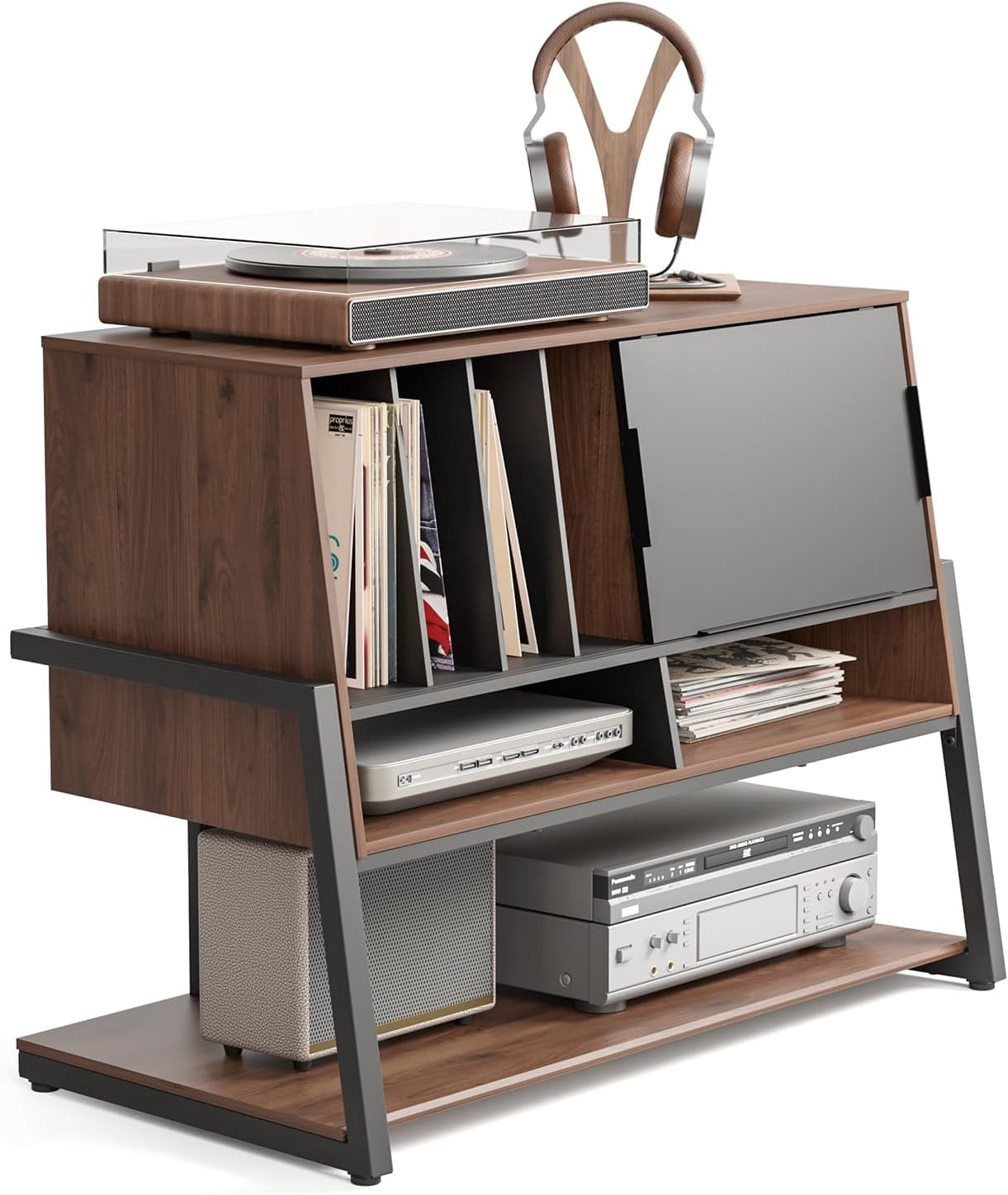 FITUEYES Large Record Player Stand with Vinyl Storage, Audio Component Cabinet, Dark Wood