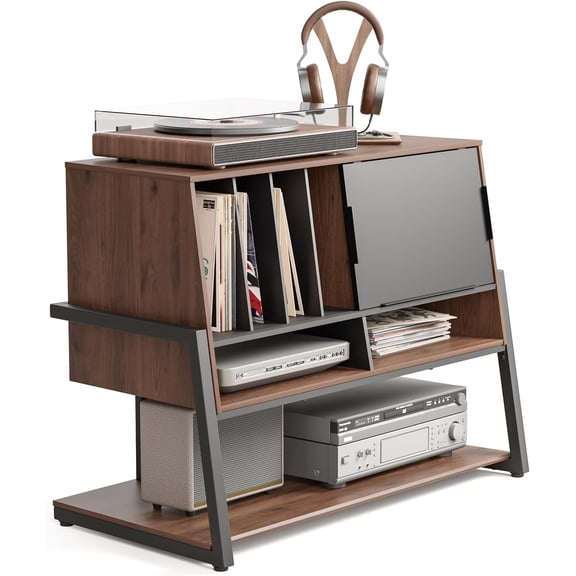 FITUEYES Large Record Player Stand with Vinyl Storage, Audio Component Cabinet, Dark Wood
