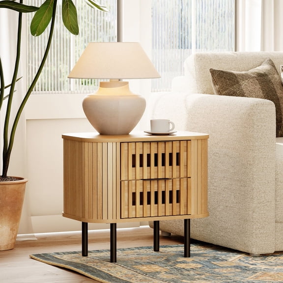 FITUEYES Mid-Century Modern Nightstand for Bedroom, Wooden Side Table with Fluted Panels & 2 Drawers, Oak