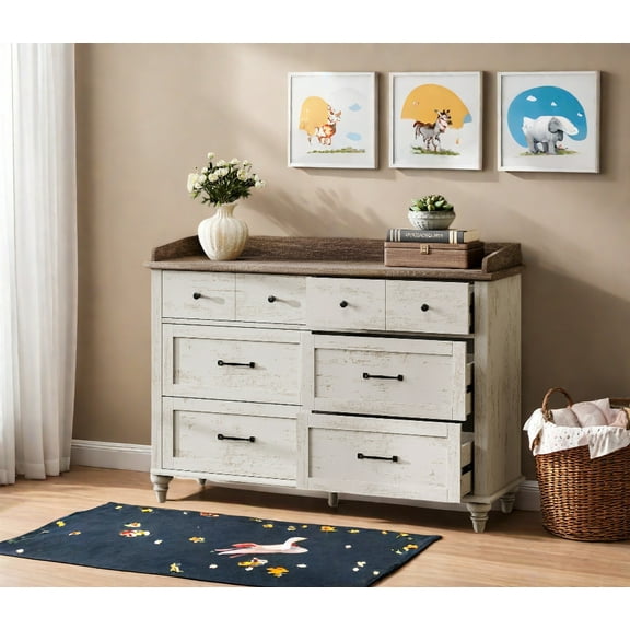 Mid-Century Modern TV Entertainment Center for 60" TVs, Wooden Media Console Table with 6 Drawers, Antique White