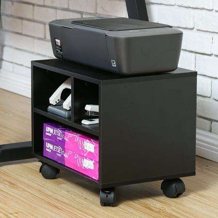 FITUEYES Mobile Under Desk Printer Stand with Wheels, Portable Printer Cart with 3 Compartments Storage Spaces for Home Office, Stone Black