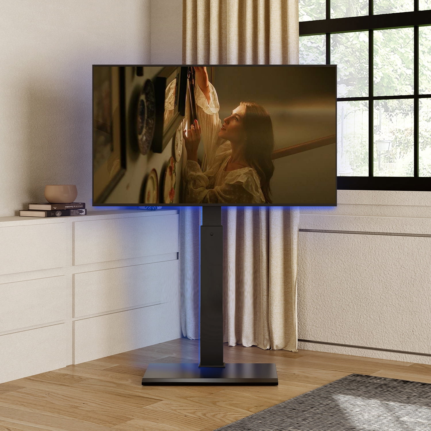 FITUEYES Modern Floor Metal Base TV Stands for 26-65 inch TVs with LED Light,Black