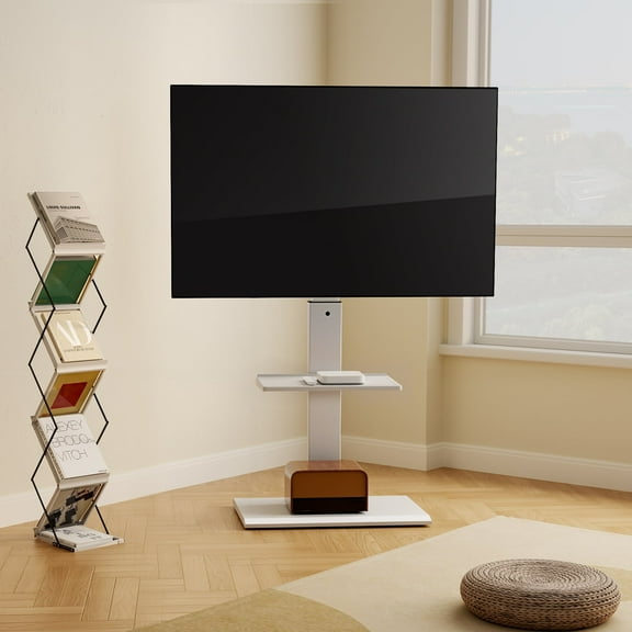 FITUEYES Modern Floor Metal Base TV Stands for 26-65 inch TVs, with One Shelf,White