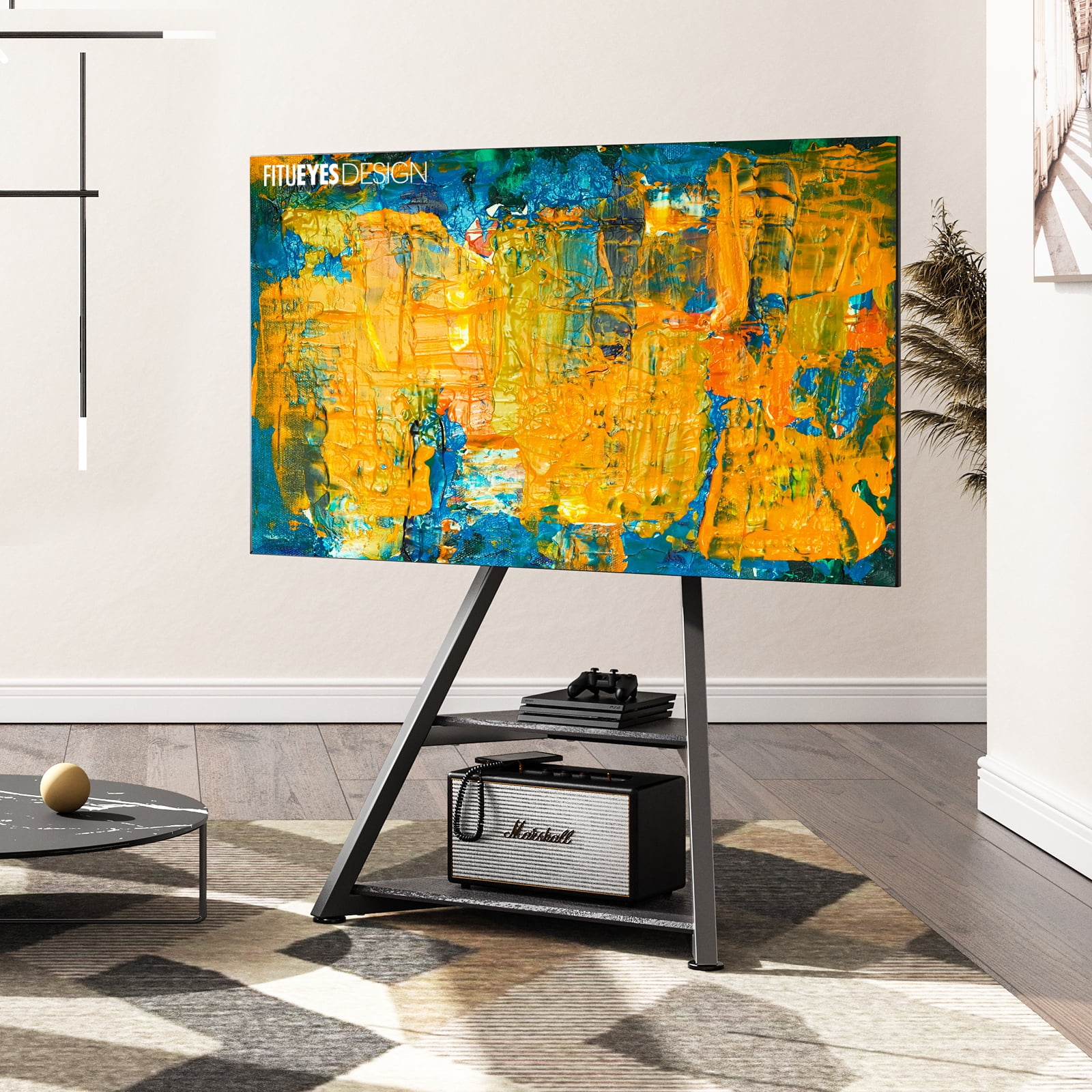FITUEYES Modern Floor TV Stand Mini Corner Entertainment Center for TVs up to 65”, Black