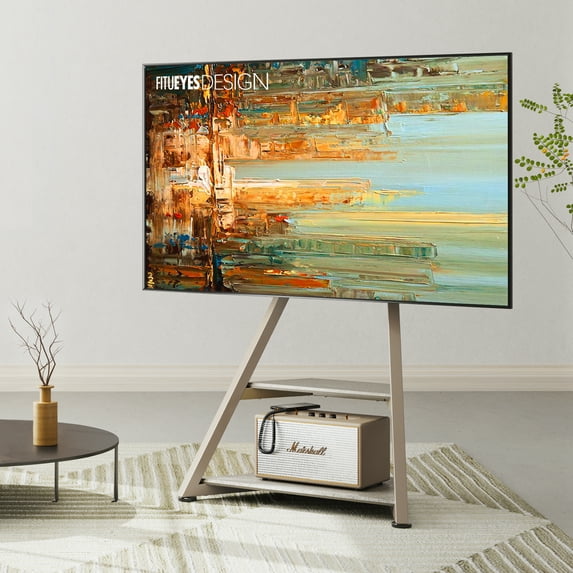 FITUEYES Modern Floor TV Stand Mini Corner Entertainment Center for TVs up to 65”,Khaki