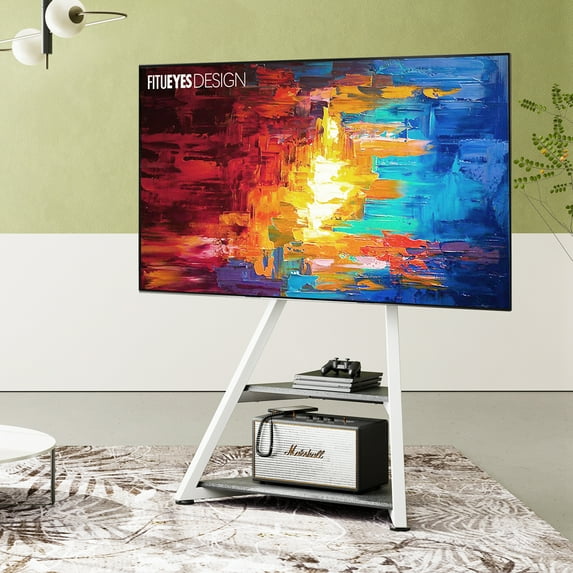 FITUEYES Modern Floor TV Stand Mini Corner Entertainment Center for TVs up to 65”,Stone Grey&White