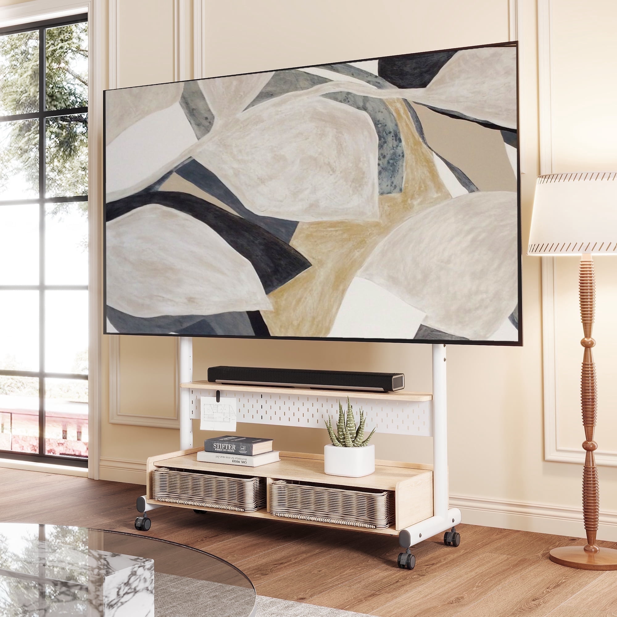 FITUEYES Modern Rolling TV Stand for 70-100 inch TVs with Two Wooden Large Storage,White