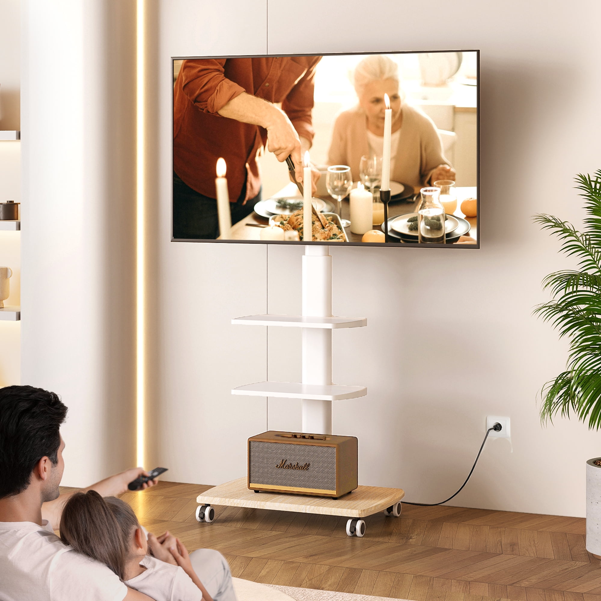 FITUEYES Modern Rolling TV Stand with Wheels for 32 - 65 inch TVs,Mobile TV Stand with Power Outlets and Two Shelf,Hold up to 88 lbs,White