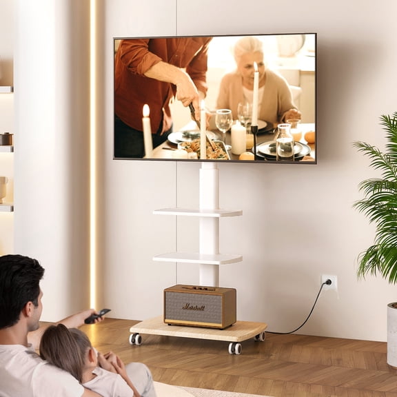 FITUEYES Modern Rolling TV Stand with Wheels and Power Outlets for 32-65 inch Screens, 2 Shelves, up to 88 lbs, White