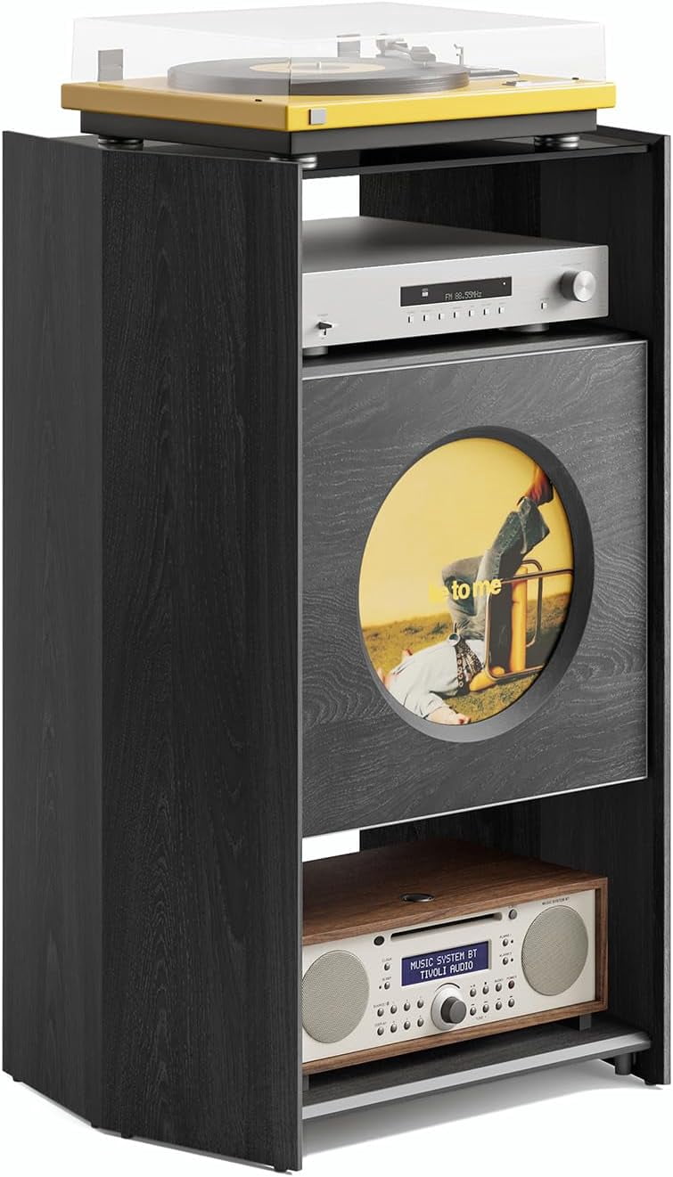 FITUEYES Picasso 4-Tier Record Player Stand with Album Display and Vinyl Record Storage, Black