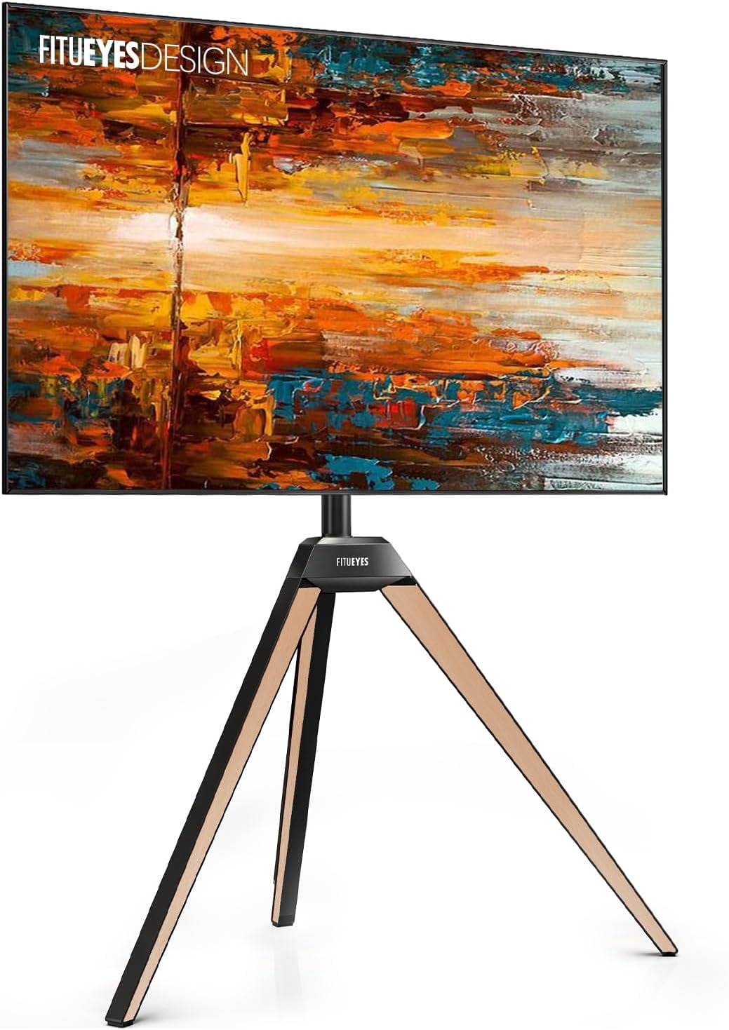 FITUEYES Picasso Series Corner TV Stand for 32–65 Inch TVs, Black & Light Wood, Swivel Mount