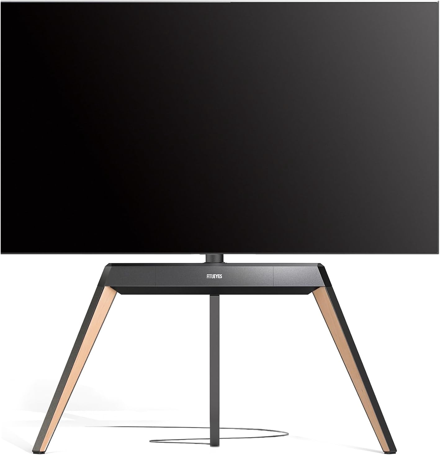 FITUEYES Picasso Series Corner TV Stand for 55–78 Inch TVs, Black & Light Wood, Cable Management