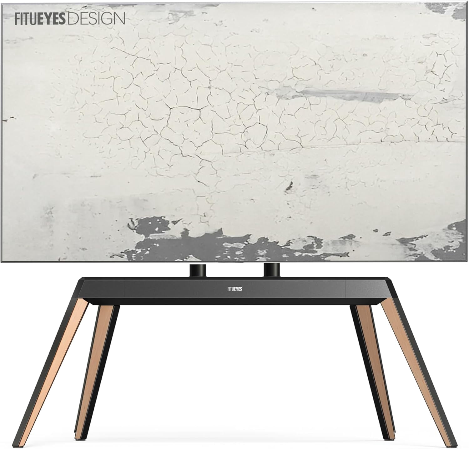 FITUEYES Picasso Series Floor TV Stand for 65–88 inch TVs, Black & Light Wood, Cable Management