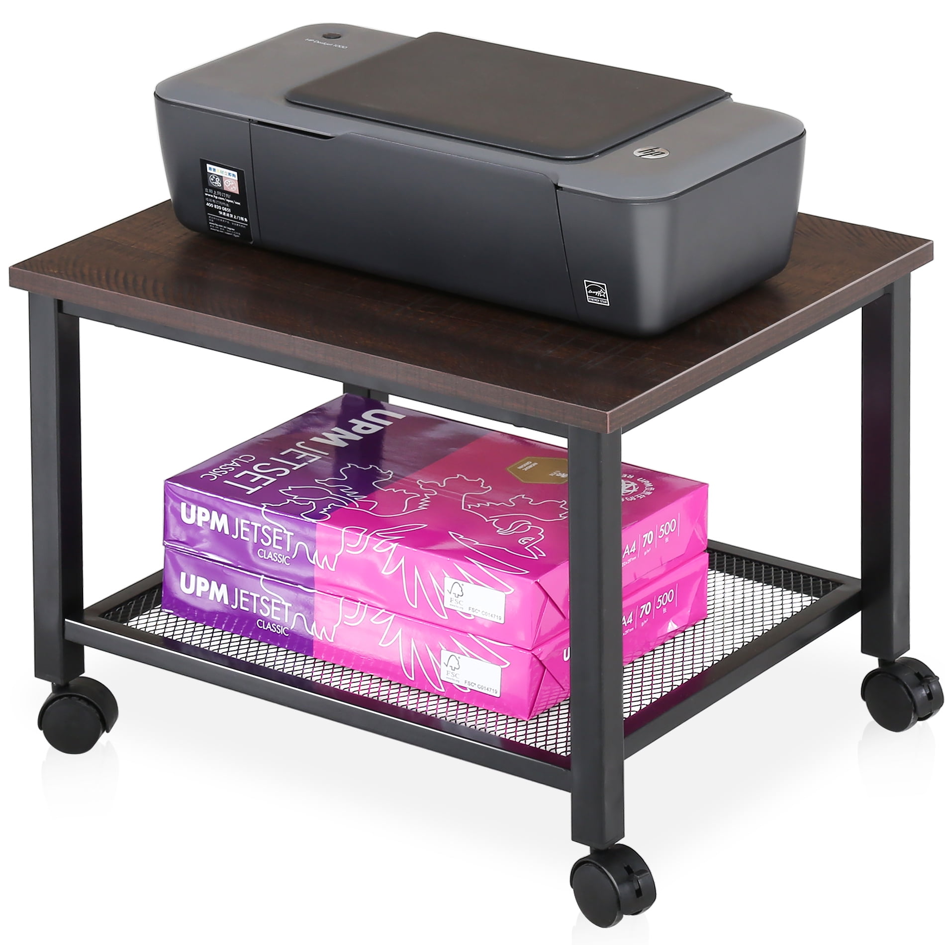 FITUEYES Printer Stand on Wheels,2 Tier End Table，Under Desk Mesh Storage，PS204801MW