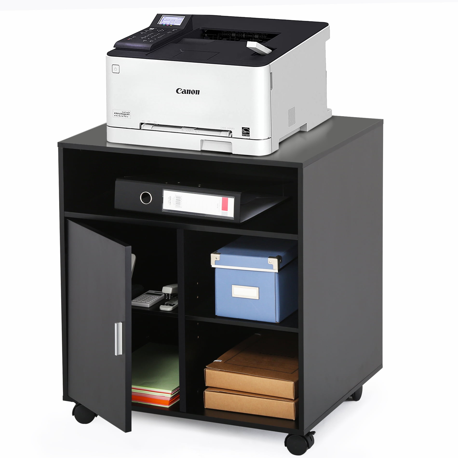 FITUEYES Printer Stand with Storage On Wheels，Mobile Wood Work Cart