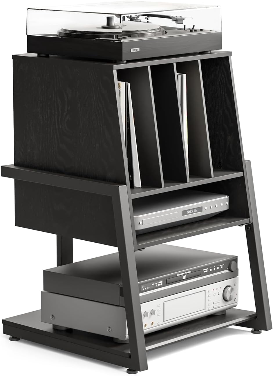 FITUEYES Record Player Stand with Vinyl Storage, Holds up to 120 Records, Black