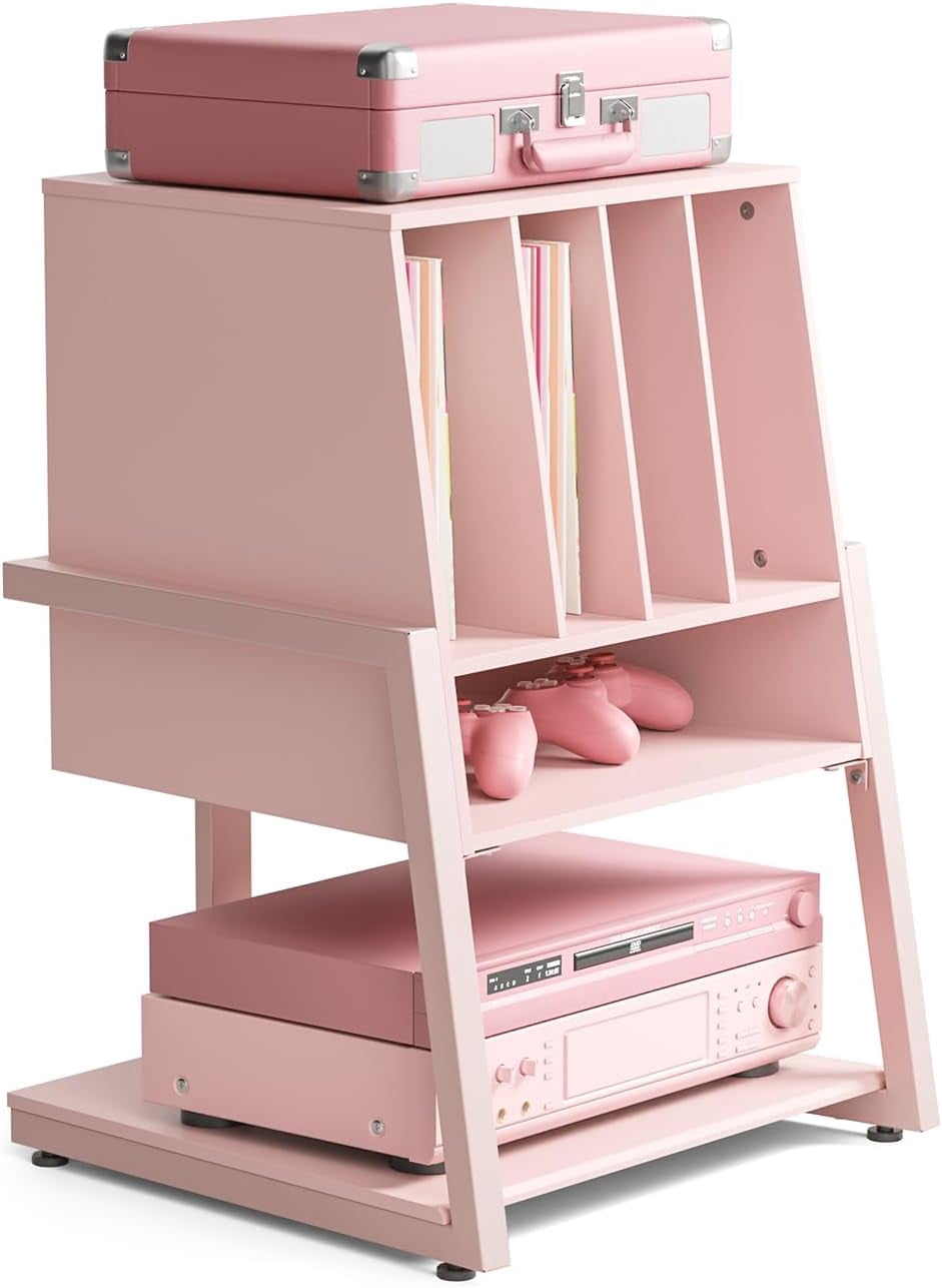 FITUEYES Record Player Stand with Vinyl Storage, Holds up to 120 Records, Pink, Eiffel Series