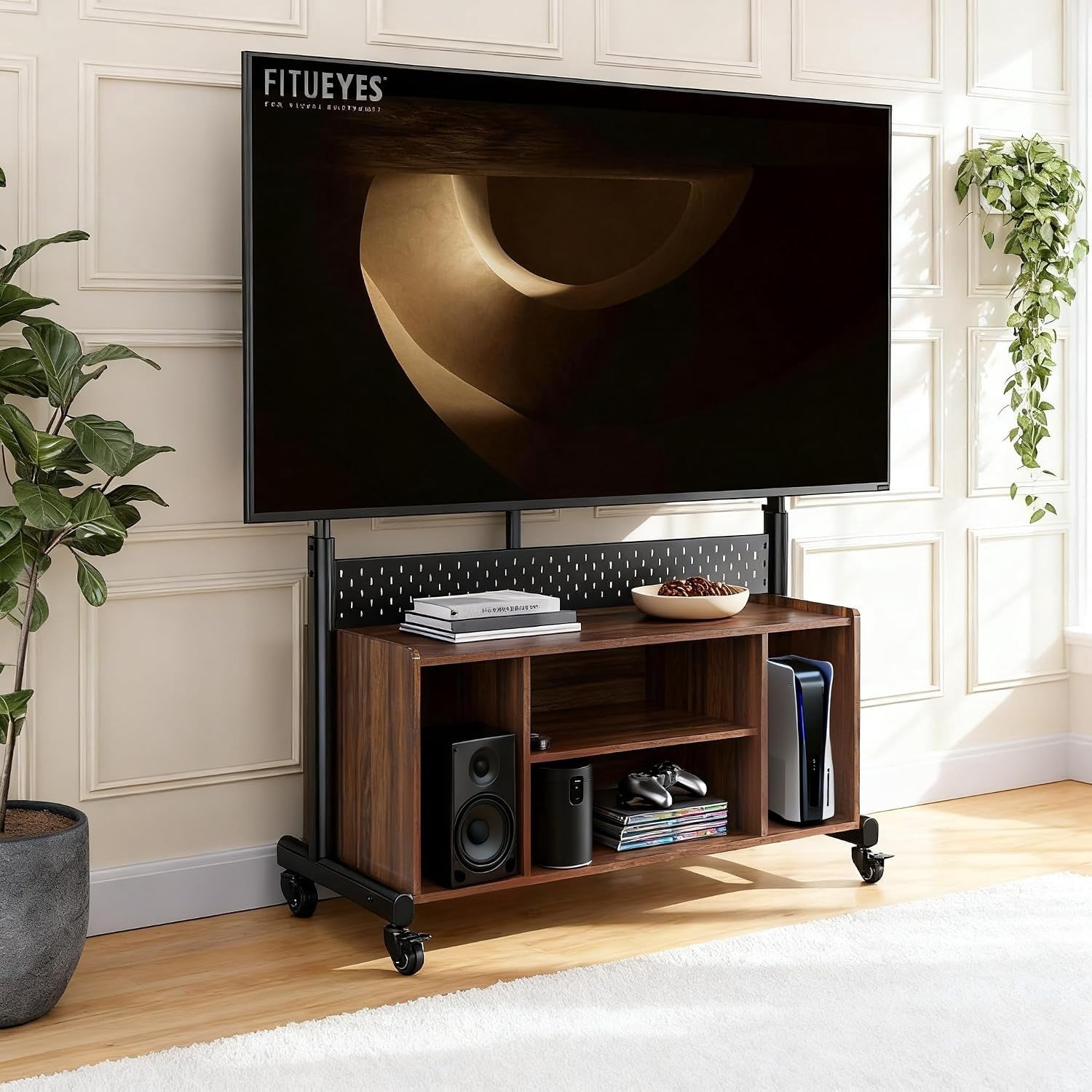 FITUEYES Rolling Entertainment Center for 50–85 Inch TVs, Black, Storage & Pegboard