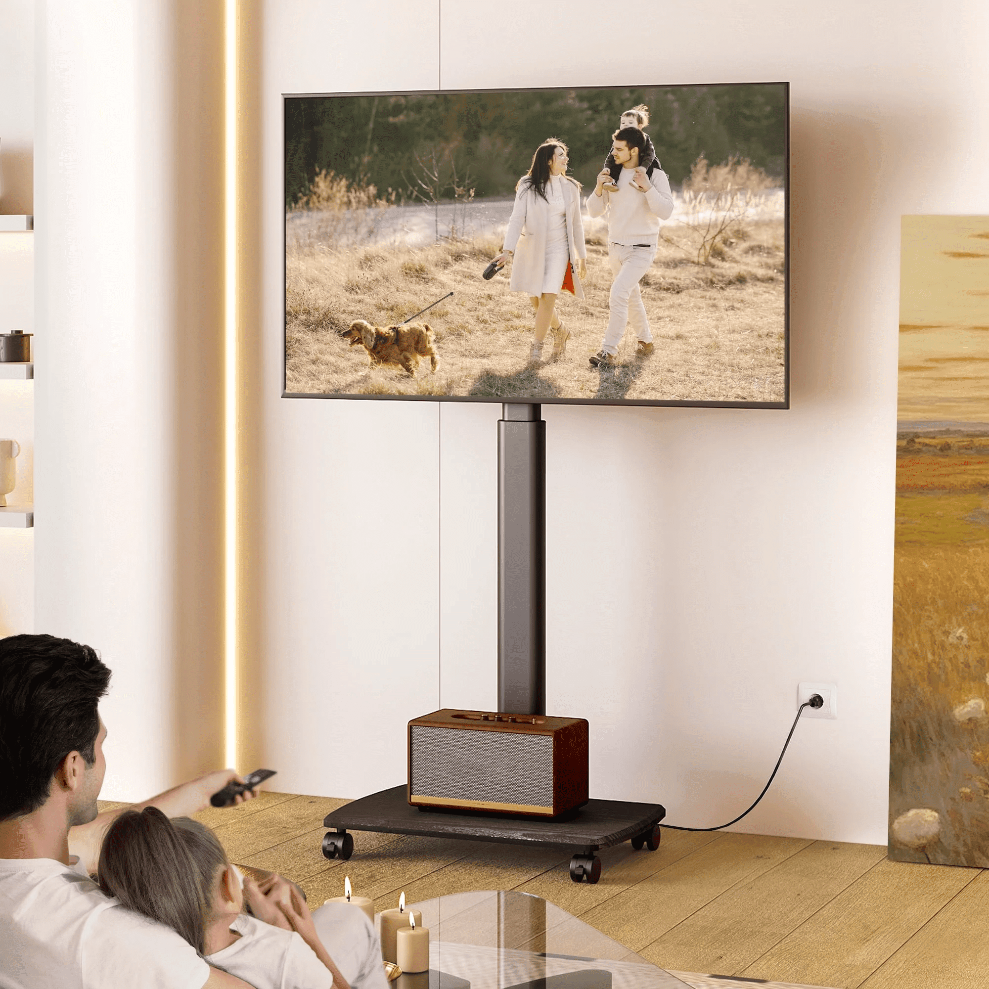 FITUEYES Modern Rolling TV Stand with Wheels and Power Outlets for 32-65 inch Screens, Black