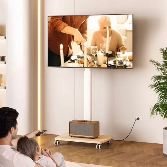 FITUEYES Modern Rolling TV Stand with Wheels for 32 - 65 inch TVs,Mobile TV Stand TV Cart with Power Outlets,White