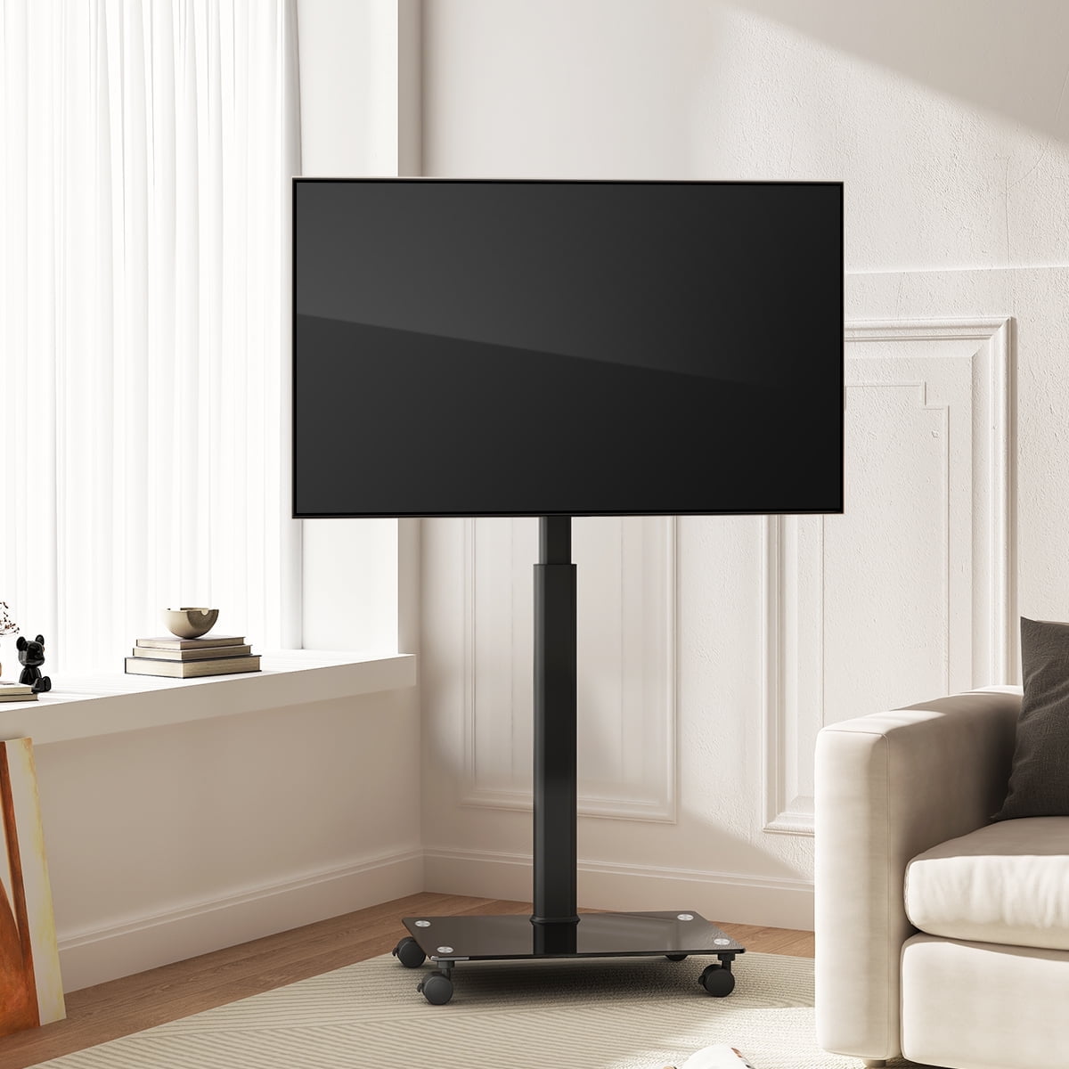 FITUEYES  Swivel Modern Rolling TV Stand Mobile TV Cart with Wheels Holds up to 65 inch TV,with Tempered Glass Base and Safety Hooks