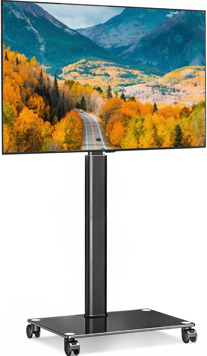 FITUEYES Rolling TV Stand for 32–65 Inch TVs, Black, Swivel Mount, Tempered Glass Base