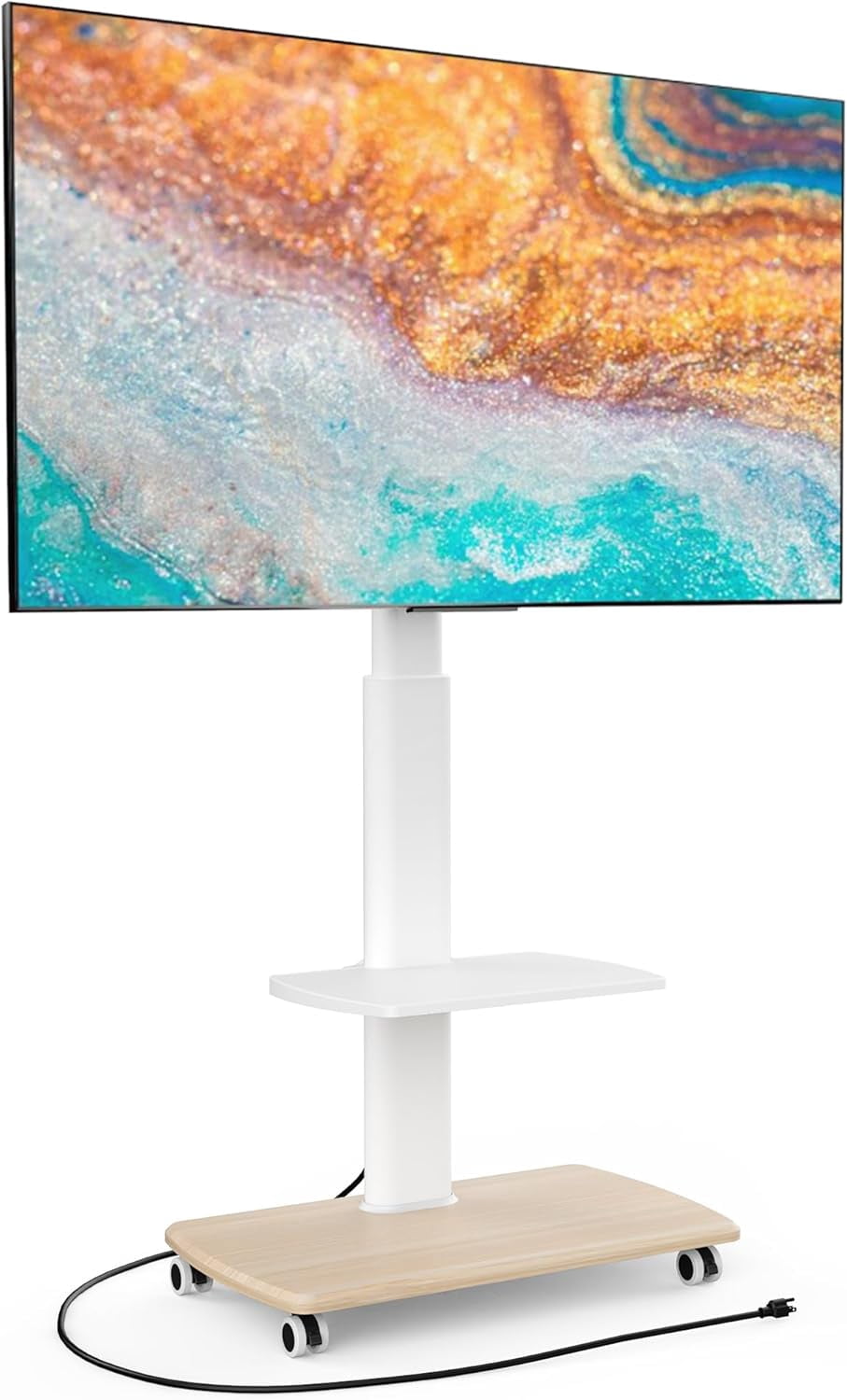 FITUEYES Rolling TV Stand for 32–75 Inch TVs, White, Power Outlet, Swivel Mount