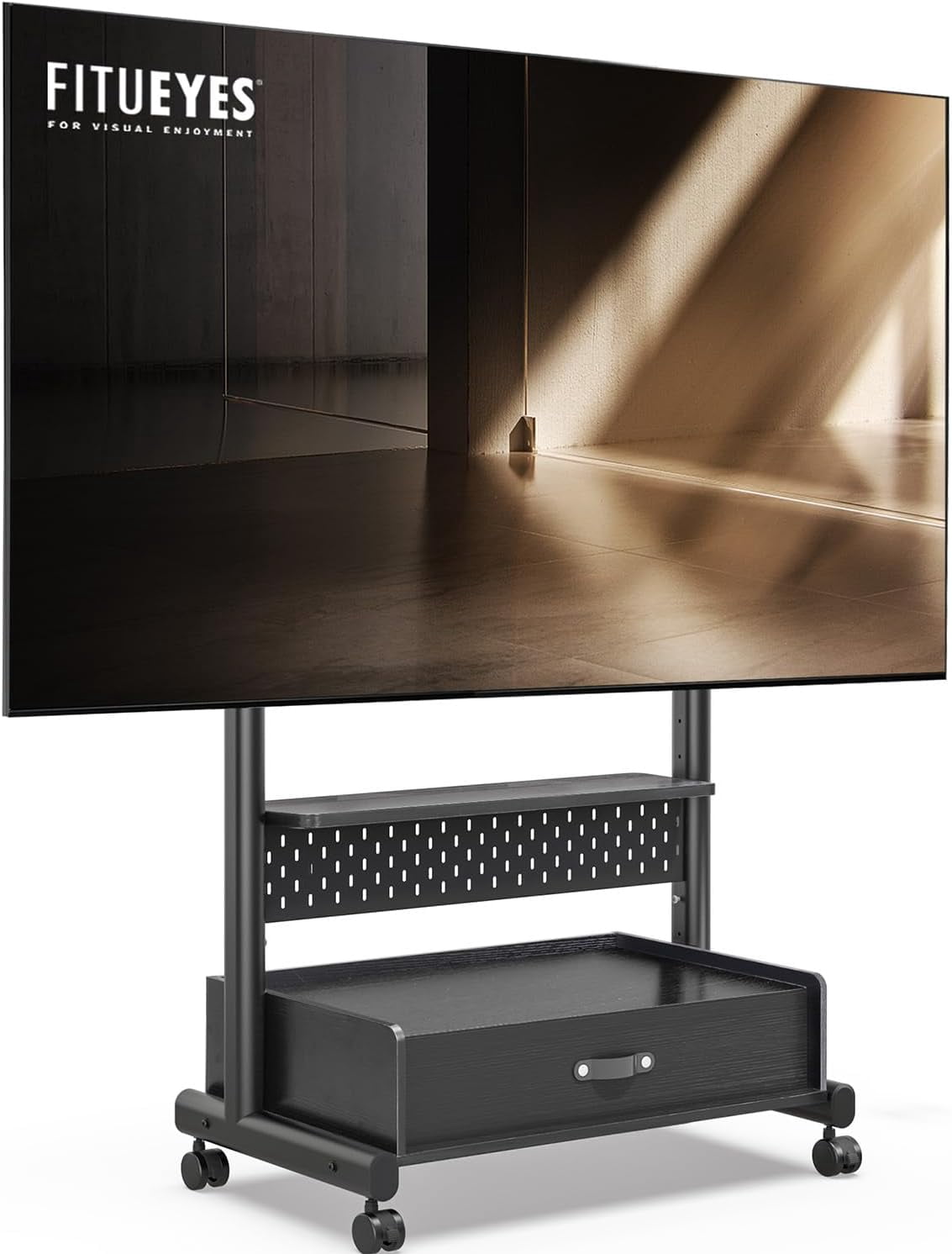 FITUEYES Rolling TV Stand for 40–85 Inch TVs, Black, Drawers & Pegboard, Storage Shelf