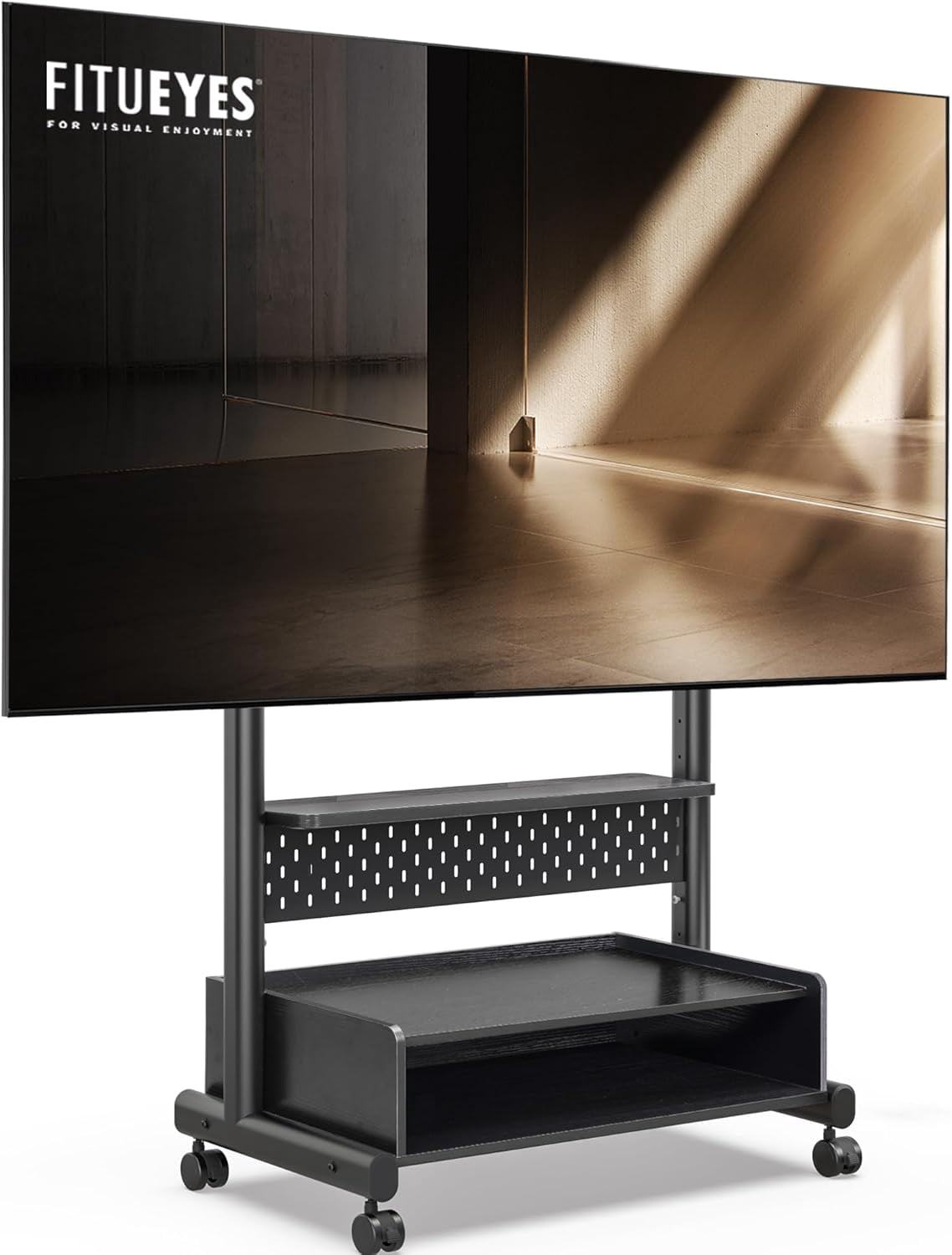 FITUEYES Rolling TV Stand for 40–85 Inch TVs, Black, Storage & Pegboard
